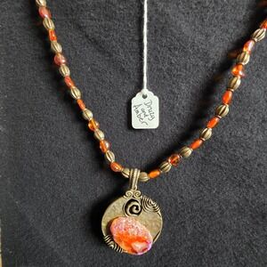 Bohemian Druzy and Amber Stone Pendant‎ Necklace Brass Tone Chain